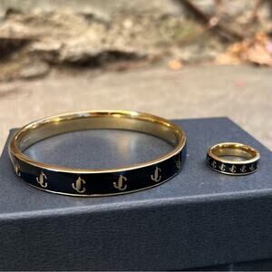 NEW Jimmy Choo Gold-Finish Metal Blossom Enamel JC Bangle Bracelet & Ring Set